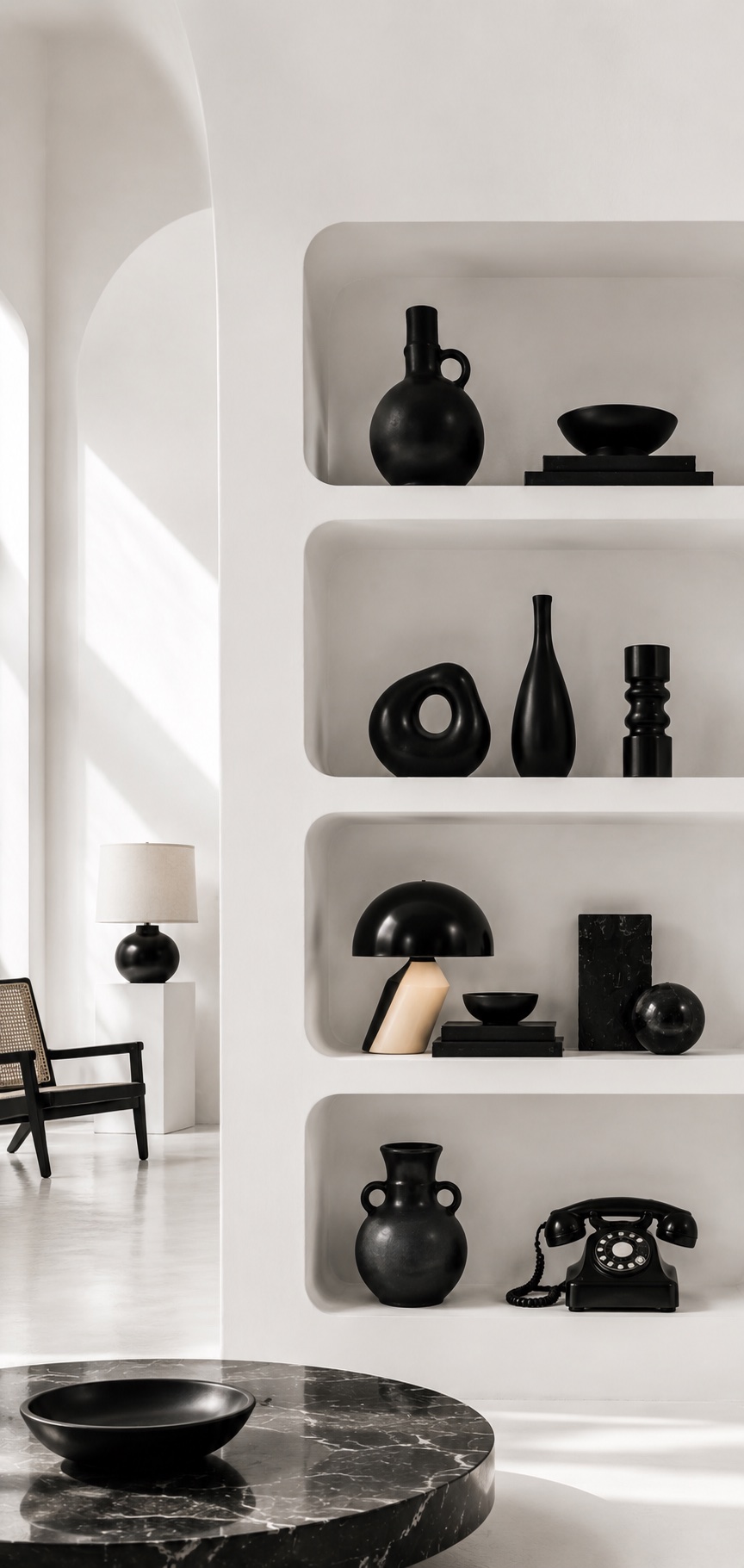A curated wall of vintage decor, displayed in niche shelving